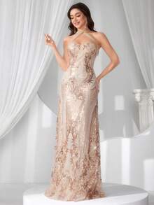 Coutiva Women's Formal Evening Gown Heavily Embellished Beaded Sequins Maxi Dress,Prom Graduation Gift,Suspender Summer Party Dress For Wedding Guest - Apricot - View 4
