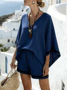 EMERY ROSE Women's Summer Casual Vacation Beach Outfit Bohemian Style V-Neck Contrast Color Short Sleeve Shorts - Navy Blue - View 5