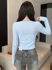 DAZY 春秋款藍色修身甜美罩衫長袖女上衣 - 藍色 - 查看 3