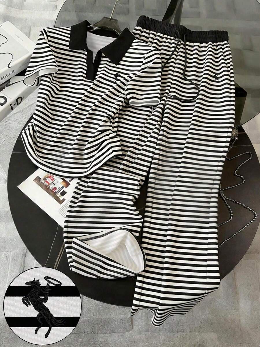 Resyla Striped Digital Print Fashionable Minimalist Women's Polo Collar T-Shirt + Pants Set, Gift For Friends - Multicolor - View 1