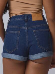 Musera Petite Shorts de mezclilla clásicos de cintura media con puño, talla pequeña, estilo básico, ropa de calle linda para otoño, adecuados para salidas casuales, shorts de mezclilla primavera/verano - Azul lavado oscuro - Ver 6