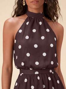 Travachic Women's Polka Dot Pleated Casual Elegant Daily Outing Halter Neck Dress Birthday Brown And White Polka Dot Summer - Coffee Brown - View 2