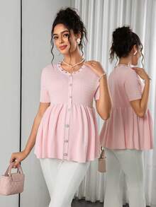 Momance Maternity Fitted Cardigan Sweater With Beaded Rhinestone Collar, Doll Hem Design, Round Neck Knit Short Sleeve For Casual, Elegant Baby Shower   Fall - Pink - View 3