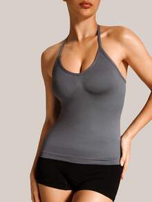 Barelissa 1pc Seamless Spaghetti Strap Camisole Tank Top, Bralette-Free Sports Casual Inner Layering Top, Can Be Worn As Outerwear - Grey - View 4