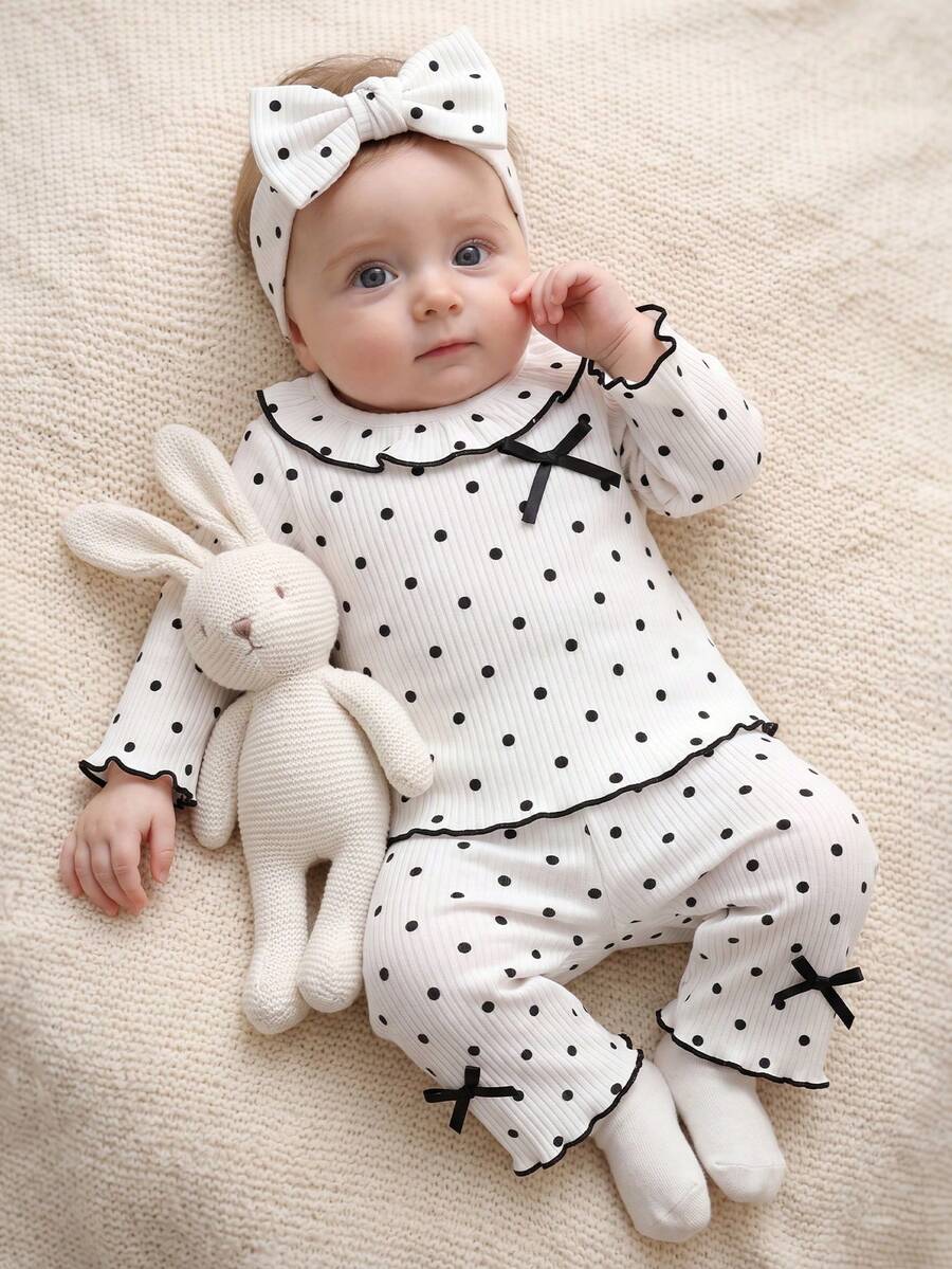 SHEIN Newborn Baby Girls Outfit, Spring Autumn Polka Dot Ribbed Ruffle Bow Clothes Set