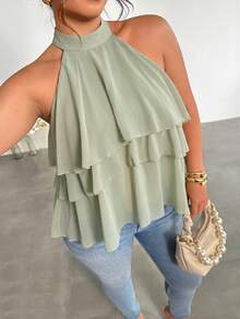 Firerie Plus Size Women Solid Color Casual Elegant Versatile Daily Wear Halter Neck Blouse Evening Party Wedding Guest Sage Green Summer - Green - View 4