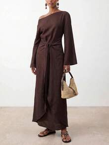 Zivah Women's Solid Color One Shoulder Waist Knot Casual Elegant Party Dinner Vacation Travel Long Dress Brown Autumn - Brown - View 5