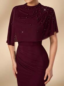 Aureia 2026 Nuovo Elegante Abito Lungo Rosso Angola Romantico in Rete Lussuoso con Decorazioni di Perline e Diamanti Arricciati Vestibilità Slim Bodycon per Donne Matrimoni Eventi Tutte le Occasioni Formali Sposa Madre Abito da Sera - Bordò - Visualizzare 4