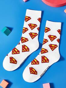 SUPERMAN X SHEIN 1雙女款字母圖案時尚中筒襪，適合日常穿著 - 白色 - 查看 2