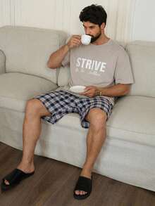 DAZY Men's Summer White Letter Print T-Shirt And Plaid Shorts Loungewear Set - Multicolor - View 4