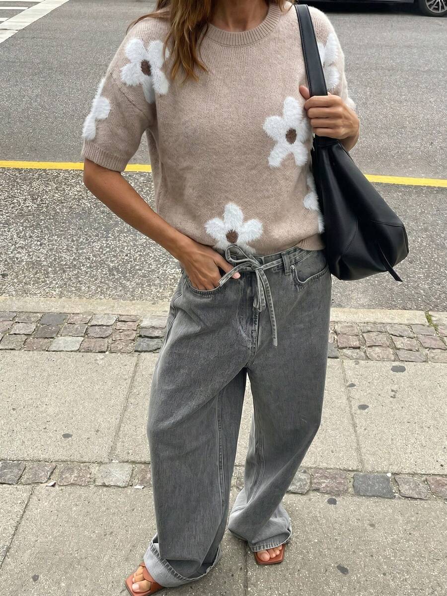 Flora Isola Flora Isola Spring/Summer Casual Romantic Commute Elegant Women's Solid Color Short Sleeve Round Neck Pullover Jacquard Floral Knit Top For Office Brunch - Khaki - View 1
