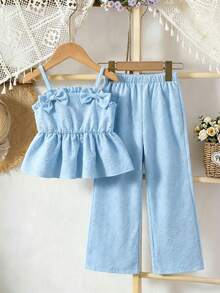 Souflis Souflis Young Girls Summer Cute Fresh 2 Pieces Set, 3D Bow Dress-Style Camisole Top + Loose Straight Wide Leg Pants, Suitable For Daily Wear, Travel, Vacation, Party, Gathering - Blue - View 2