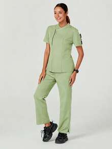 TaskEZ Blusa de trabajo de manga corta de unicolor para mujer - Verde - Ver 6