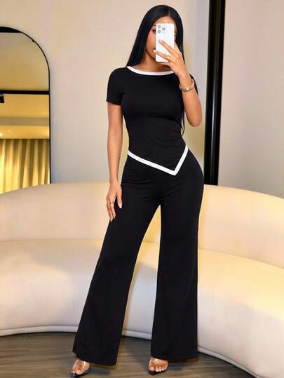 SOLERSUN 2pcs Women's Elegant Casual Contrast Asymmetrical Hem Short Sleeve Top And Pants Set Daily Going Out
