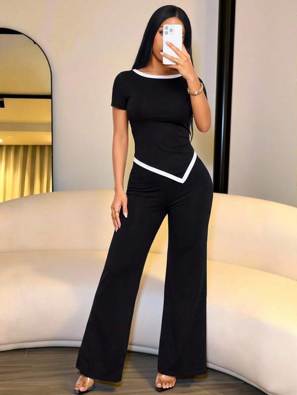 SOLERSUN 2pcs Women's Elegant Casual Contrast Asymmetrical Hem Short Sleeve Top And Pants Set Daily Going Out