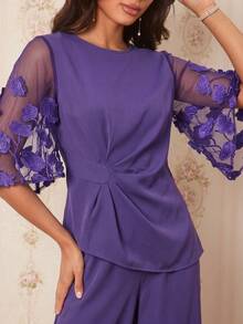 Amorya 2pcs Women Embroidered Ruffle Top And Casual Pants Set - Purple - View 2