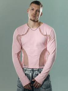 FeverCity Men's Hollow Patchwork Long Sleeve T-Shirt - Pink - View 5