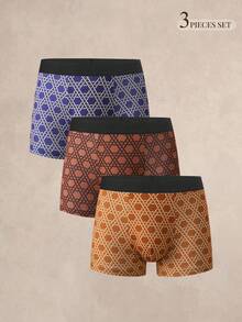 EverLounge 3Pcs Men's Retro Line Pattern Boxer Shorts, Allover Interlaced Print Casual Underwear - Multicolor - View 1