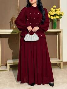 Modelyn Plus Size Women's Spring/Autumn Formal Elegant Stand Collar Lantern Sleeve Faux Pearl Decor Peplum Waist Pleated Hem Dress Evening Wedding Burgundy - Burgundy - View 2
