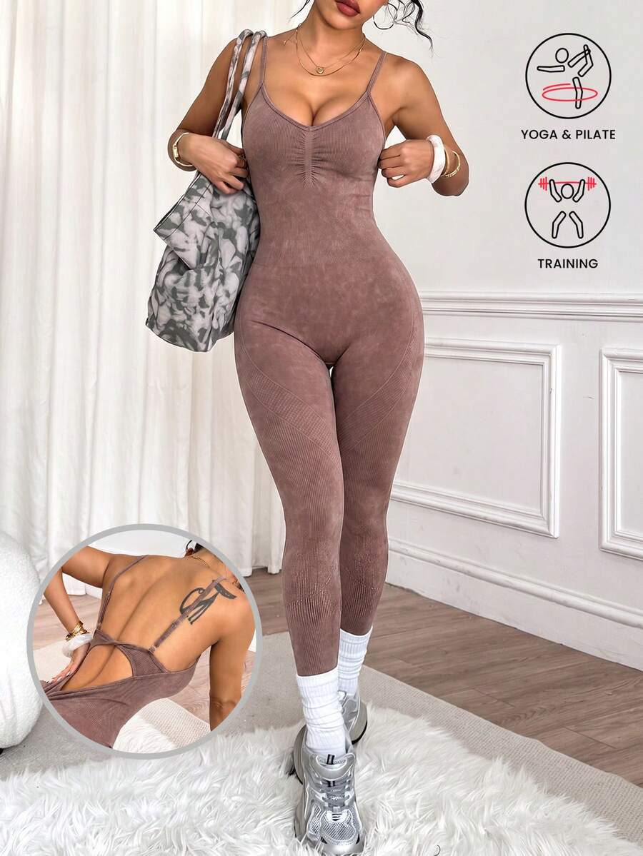 SHEIN Sports 1件装 女士哑光水洗圆领扭带连体裤 - 咖啡棕 - 查看 1