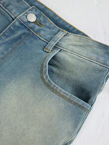 Balvessa Vacation Outfits Light Blue Frayed Casual Versatile Button Pocket Cuffed Hem Pleated High Waist A Line Outing Denim For Women - Medium Wash - View 5