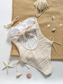 Bonvoyette Women's Summer New Solid Color Coffee Fabric Starfish Pearl Decor One-Piece Swimsuit, Suitable For Beach Vacation, Date Party, Slim Fit Sexy Swimsuit, Side Bow Tie Swimsuit, Strapless Bandeau One-Piece Swimsuit, 3D Floral Decoration - Beige - View 2