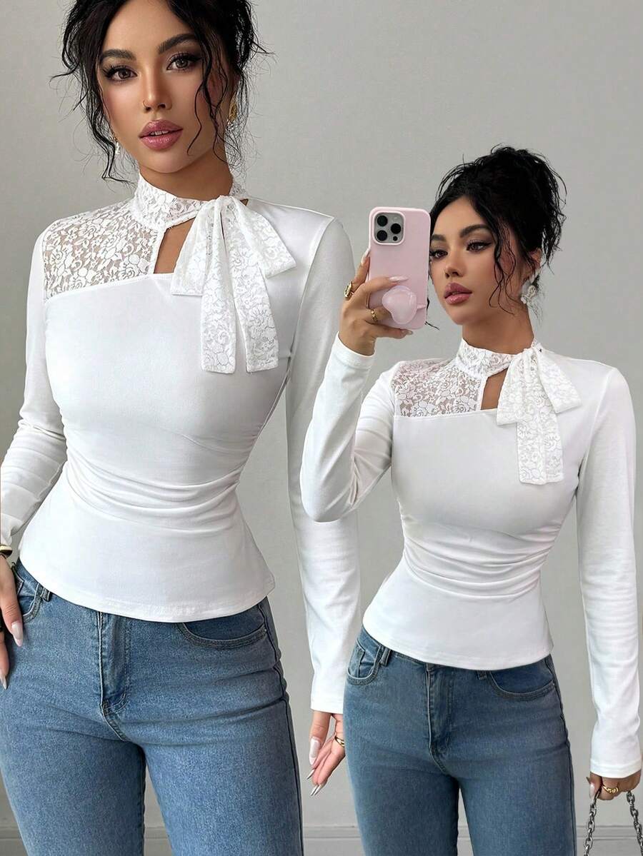 Selianne Camiseta de manga larga blanca ajustada con diseño de capa base, patchwork de encaje y lazo, para otoño/invierno - Blanco - Ver 1