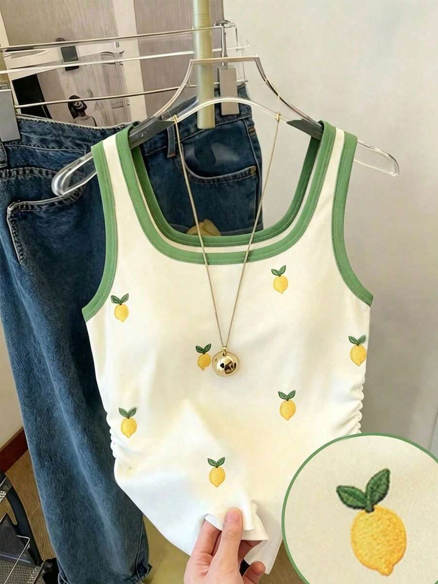 SHEIN Tank Top Anak Perempuan Motif Lemon Hijau dan Kuning, Kasual, Cocok untuk Jalan-jalan, Musim Panas dan Gugur, Pakaian Sepanjang Musim, Gaya Serbaguna yang Manis dan Nyaman - MultiWarna - View 1