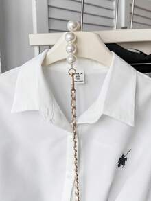 SHEIN Tween女孩秋季新款白色純色小馬圖案刺繡裝飾寬鬆長袖襯衫 - 白色 - 查看 3