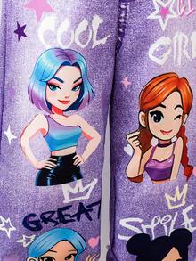 Mono de peto para niñas jóvenes con estampado de denim, detalle de cadena y estampado divertido de letras, atuendo de moda para volver a la escuela, primavera verano otoño, arcoíris púrpura - Morado - Ver 7