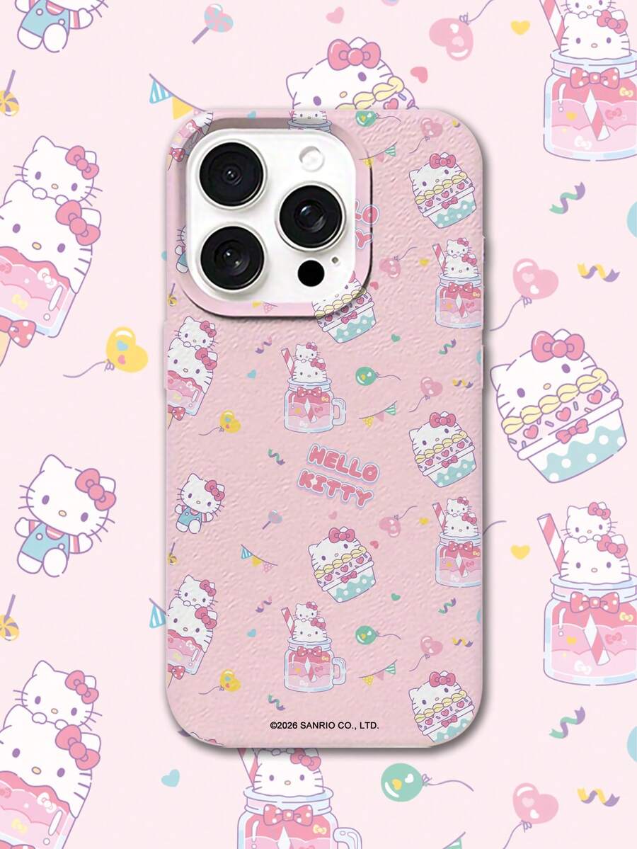 HELLO KITTY AND FRIENDS | SHEIN HelloKitty 全角色與反派彩色貼紙拼貼印花 粉色邊框皮革紋理手機殼 防震防摔 全包覆保護殼 適用 iPhone 17 Pro Max 16 15 14 13 12 Pro Max Plus Y2K 復古美學 可愛甜美 Ins 風高顏值手機殼 - 彩色 - 查看 1