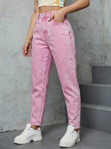 SHEIN ICON 女款高腰口袋休閒百搭牛仔媽媽牛仔褲 - 西瓜粉 - 查看 3