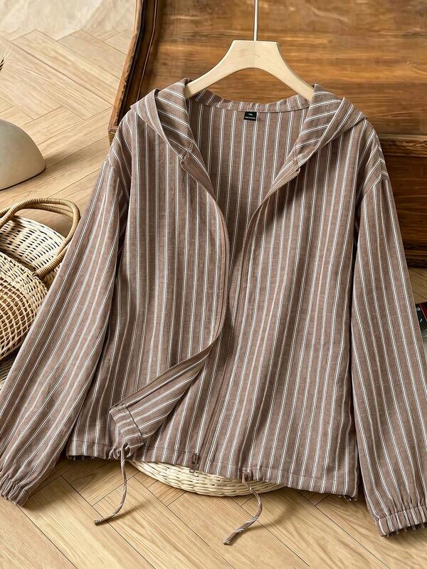 Linhara Latest Gray-Green Striped Zipper Pocket Casual Commute Linen Cotton Material Casual Outing Daily Wear Party Date Holiday Multi-Occasion Plus Size Jacket