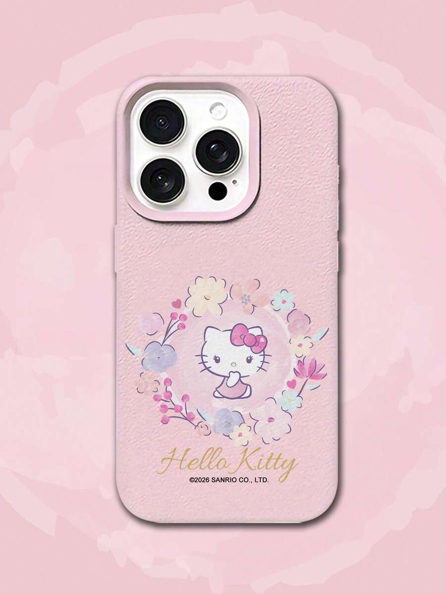 HELLO KITTY AND FRIENDS | SHEIN Hello Kitty 全角色與反派彩色貼紙拼貼印花 粉色邊框皮革紋理手機殼 防震防摔 全包覆保護殼 適用 iPhone 17 Pro Max 16 15 14 13 12 Pro Max Plus Y2K 復古美學 可愛少女風 Ins 高顏值手機殼 - 彩色 - 查看 1