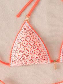 Swim Mod Bolso triangular de mujer con tela calada, unicolor, con adorno de flor de concha y perlas, estilo sexy - Naranja - Ver 4