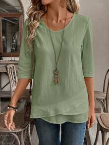 EMERY ROSE Blusa blanca de cuello en V para mujer con diseño de dobladillo patchwork - Verde - View 4