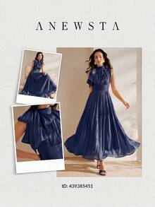Anewsta 女款長洋裝 春/秋款 腰部百褶 亮面 優雅 百搭 - 藏蓝色 - 查看 8