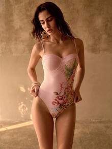 MOTF PREMIUM EXQUISITO TRAJE DE BAÑO DE UNA PIEZA CON ESTAMPADO FLORAL PARA MUJER PARA VACACIONES EN LA PLAYA - Rosa Pálido - Ver 4
