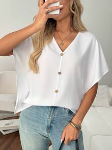 SHEIN LUNE Blusa de manga murciélago con botón delantero unicolor - Blanco - Ver 6