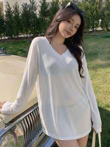 DAZY 女款休閒百搭純色夏季罩衫 - 白色 - 查看 4