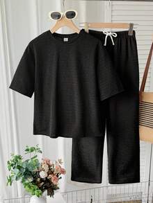 Setelan 2 Potong untuk Anak Perempuan Remaja: Kaos Rajut Hitam Lengan Pendek Leher Bulat dengan Tekstur Bahu Jatuh dan Celana Panjang Longgar, Cocok untuk Pakaian Kasual Sehari-hari, Kembali ke Sekolah, dan Gaya Busana Preppy. - Hitam - View 2