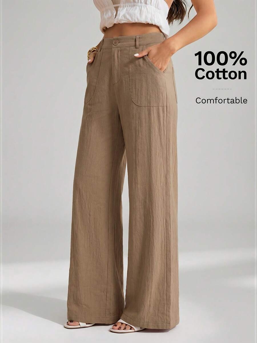 SHEIN Tall 100%水洗棉低腰直筒長褲 - 駝色 - 查看 1