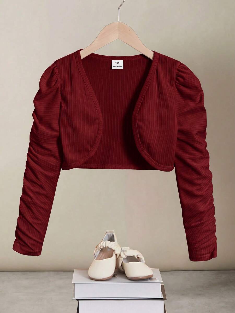 Shein 青少年女孩修身顯瘦優雅短版開襟夾克酒紅色 秋冬穿搭 - 酒紅色 - 查看 1