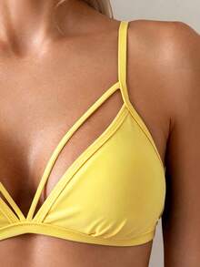 SHEIN Swim 純色海灘俱樂部度假泳衣上衣 奶油黃 夏季性感熱帶派對 - 黃色 - 查看 4