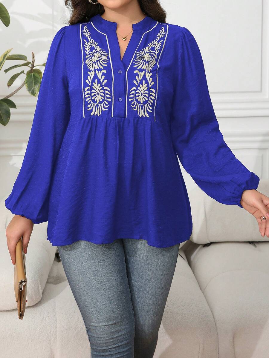 Vionelle Blus Ukuran Besar untuk Musim Semi & Gugur, Kasual/Kerja Sehari-hari, Warna Polos, Kancing Depan Setengah, Bordir, Lengan Lentera, Kerah Tegak Kecil, Lengan Panjang, Model Peplum. - Royal Blue - View 1