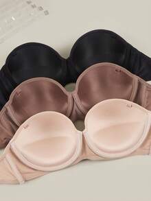 Bralution 3-Pack Multi-Color Strapless Bras, Black, Deep Nude & Beige, Underwire Molded Cup, High-Support Push-Up Balconette - Multicolor - View 4