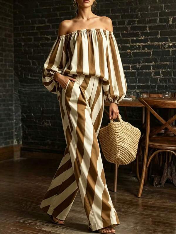 Wandoria Autumn/Winter New Set Top + Wide Leg Pants Combination, Balancing Versatility And Completeness Of Style, Integrating French Vintage, Lazy Vacation And Light Retro Commuter Vibes, Loose Fit And Stripes Bring A Relaxed Atmosphere, Off-Shoulder Design Adds Mature Feminine Charm