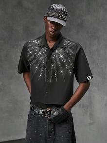 NEON BLANC Camisa casual de manga corta con pedrería y abotonadura sencilla para hombre - Negro - Ver 2