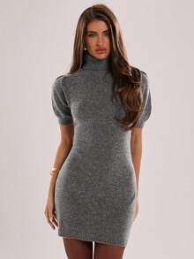 SHEIN BAE Women's High Neck Slim Fit Knit Dress - Dark Grey - View 4