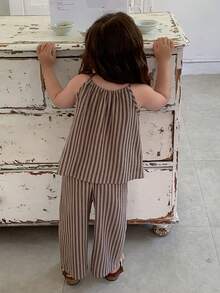 DAZY 女嬰簡單條紋上衣與寬鬆長褲套裝 夏季幼兒 - 灰色 - 查看 3